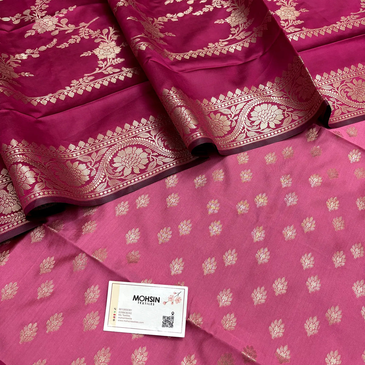 Pink and Rani Ghat Buti Semi Katan Silk Banarasi Suit