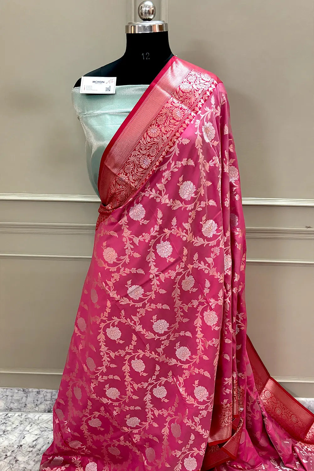 Pink and Sea Green Zari Banarasi Silk Saree