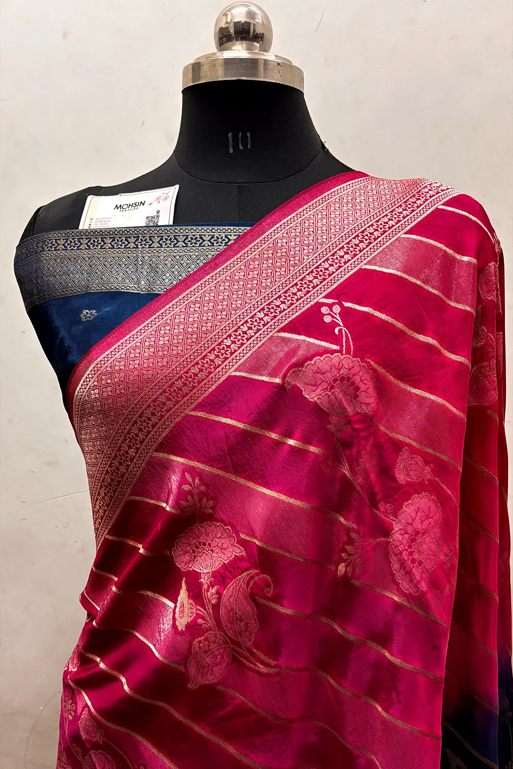 Pink and Teal Zari Viscose Georgette Silk Banarasi Saree