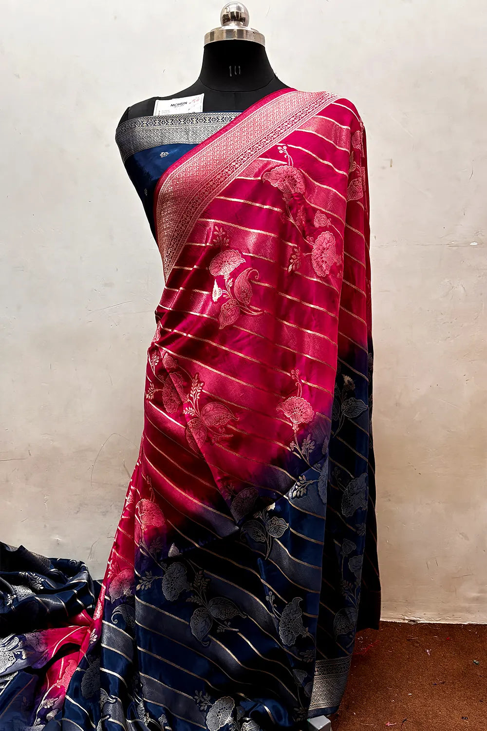 Pink and Teal Zari Viscose Georgette Silk Banarasi Saree
