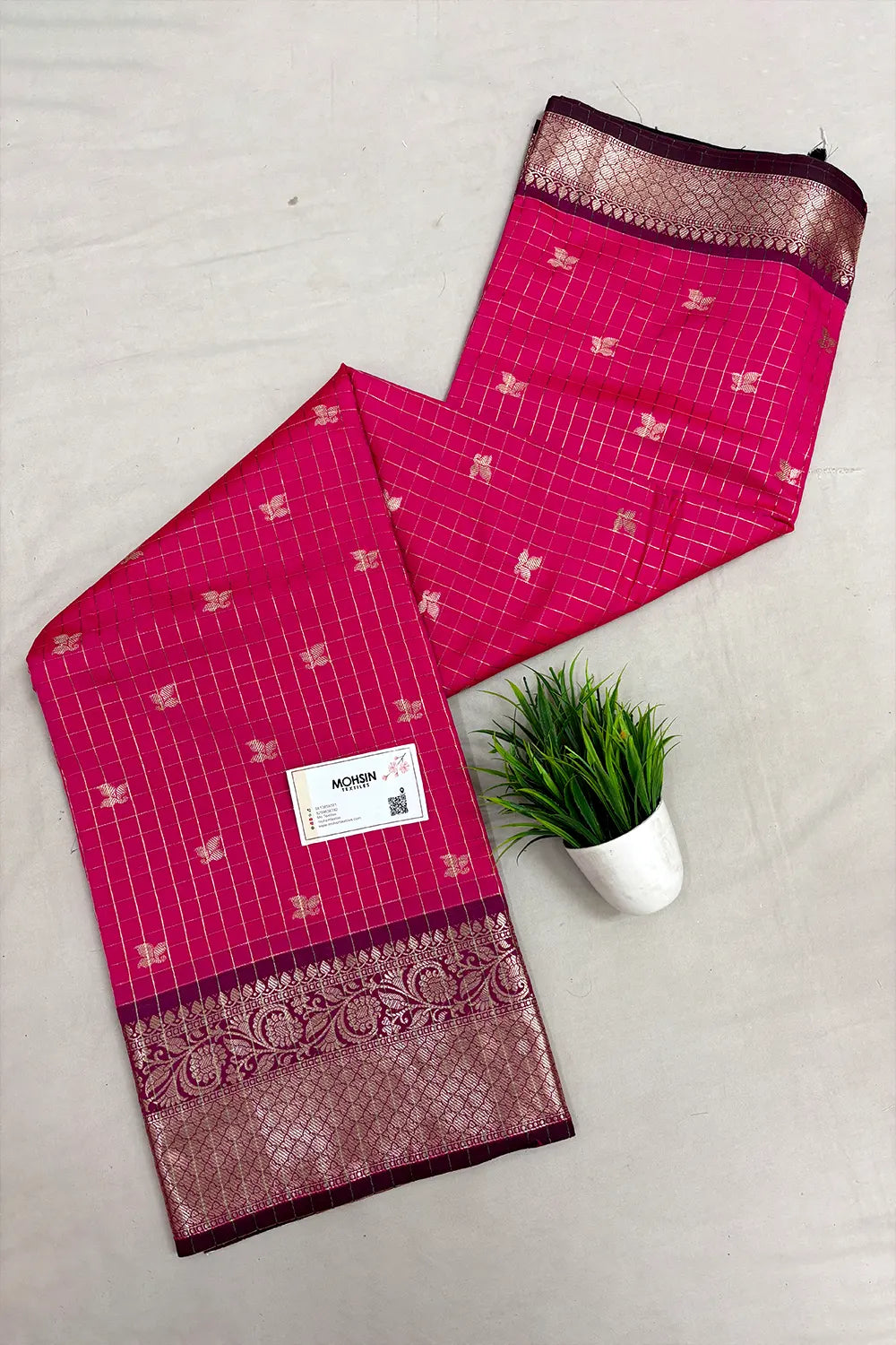 Pink and Wine Zari Semi Katan Silk Banarasi Saree