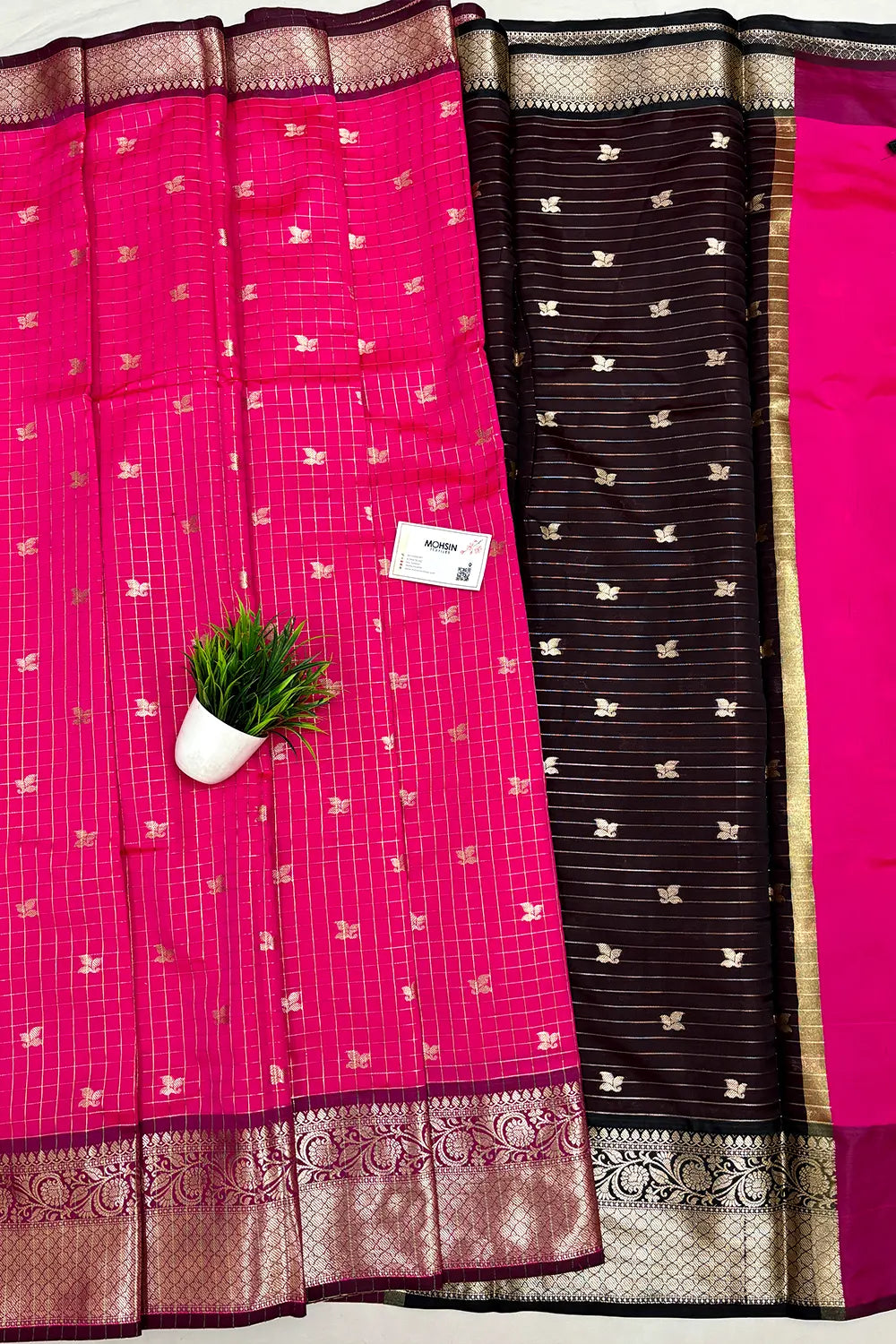 Pink and Wine Zari Semi Katan Silk Banarasi Saree