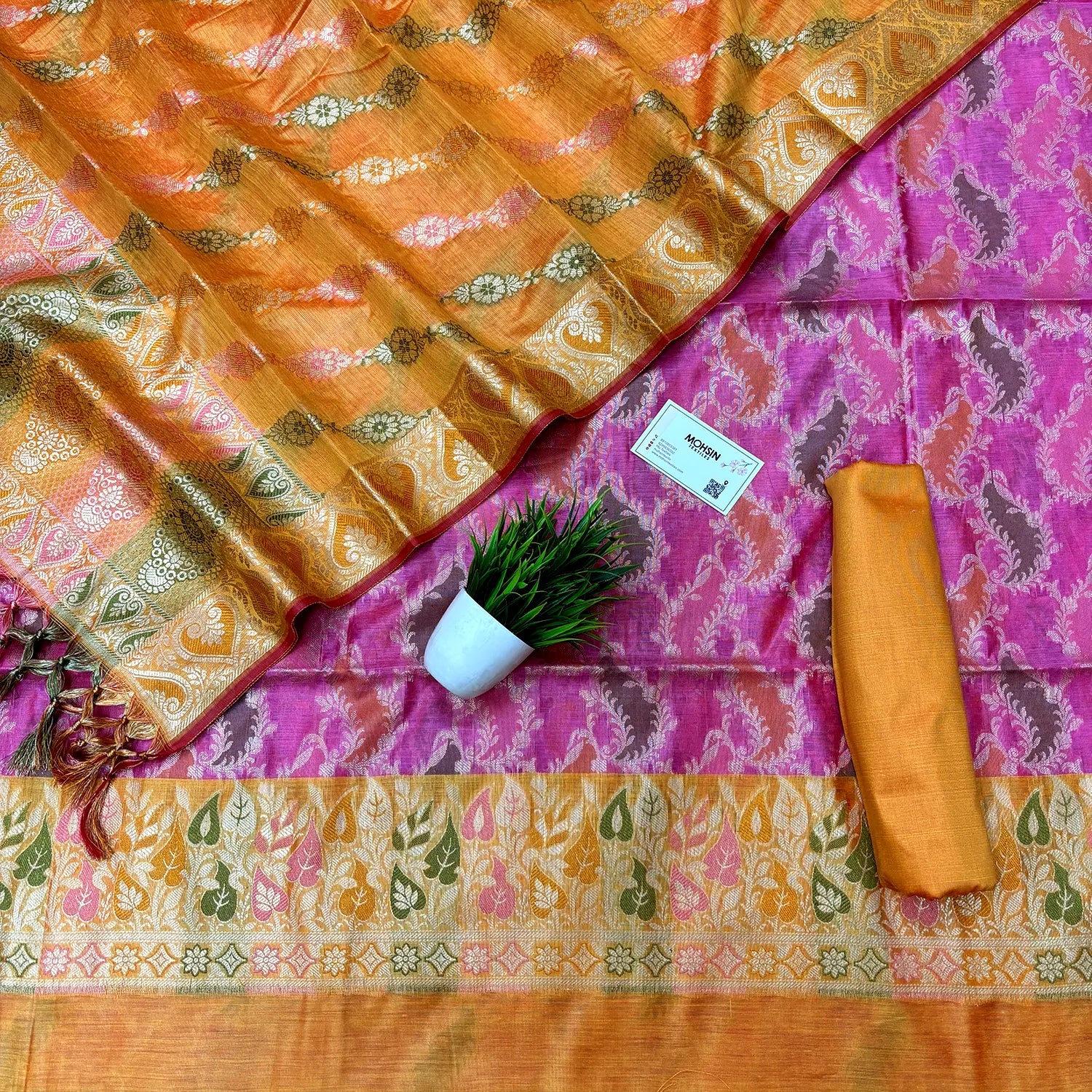 Pink and Yellow Resham Banarasi Silk Suit