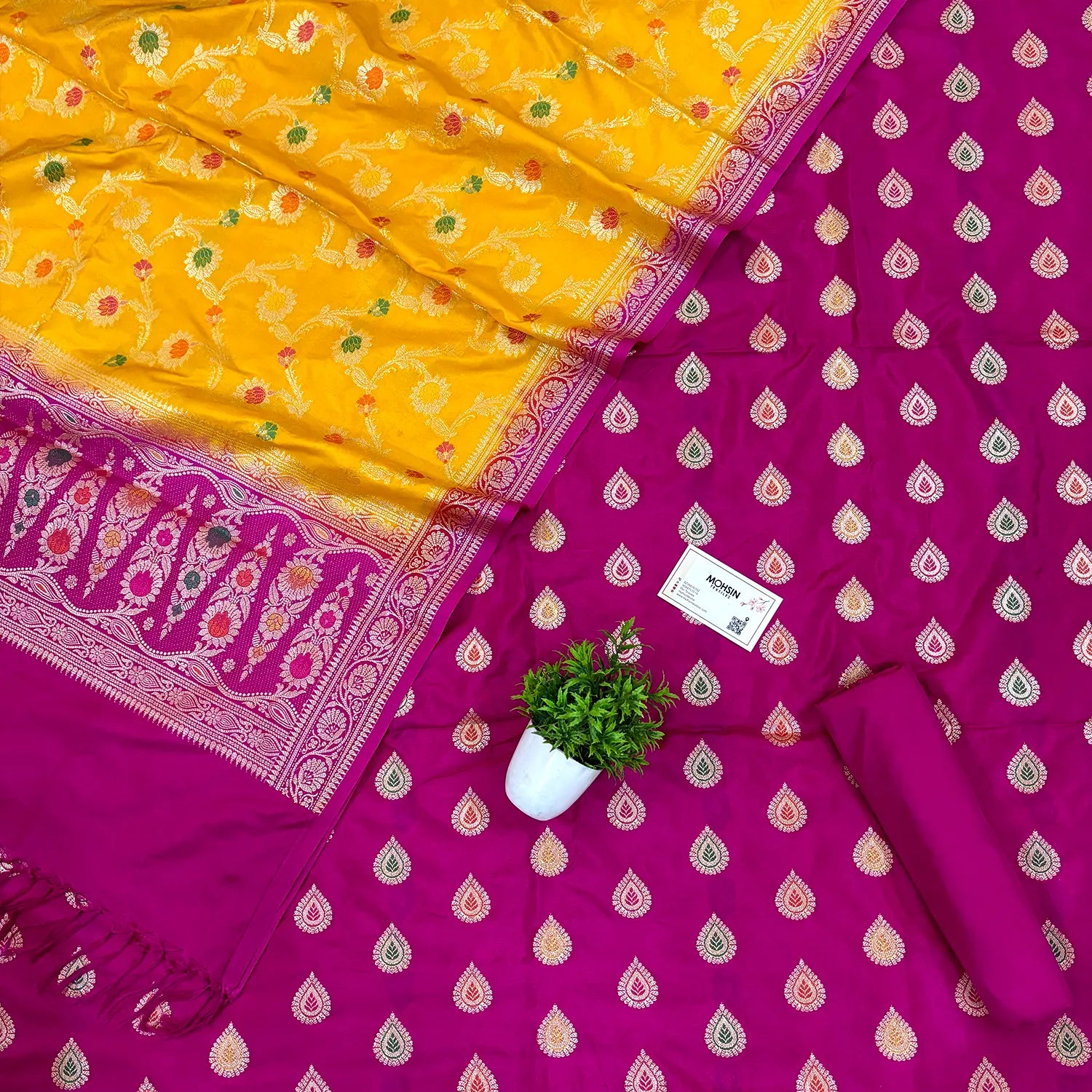Pink and Yellow Zari Katan Silk Banarasi Suit