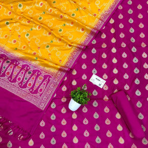 Pink and Yellow Zari Katan Silk Banarasi Suit
