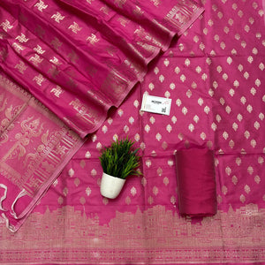 Pink Assi Ghat Mandir Semi Katan Silk Banarasi Suit