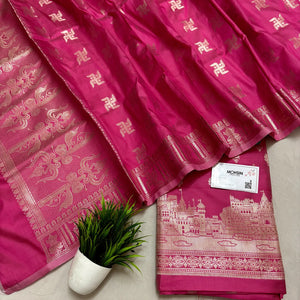 Pink Assi Ghat Mandir Semi Katan Silk Banarasi Suit