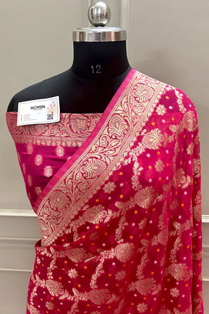 Pink Bandehj Georgette Silk Banarasi Saree