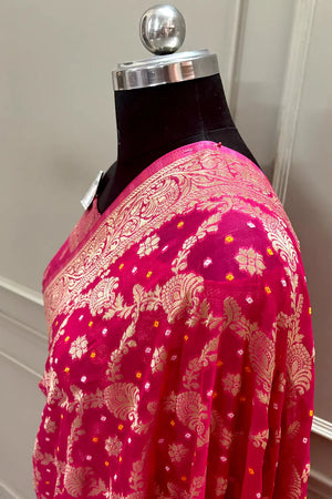 Pink Bandehj Georgette Silk Banarasi Saree