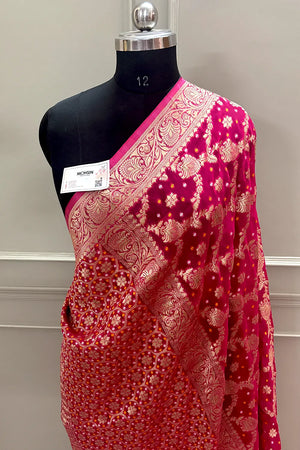 Pink Bandehj Georgette Silk Banarasi Saree