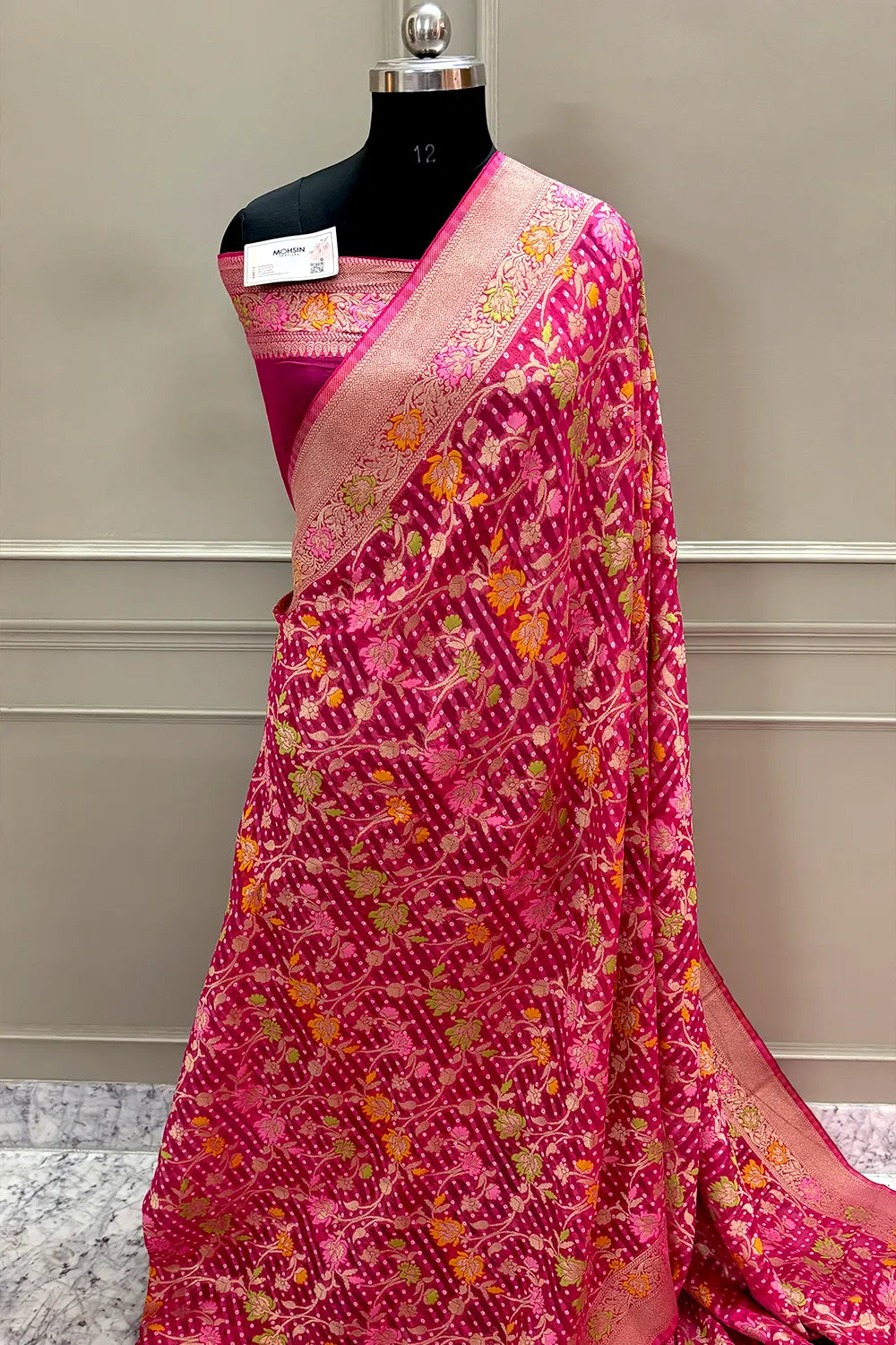 Pink Bandhej Meena Georgette Silk Banarasi Saree