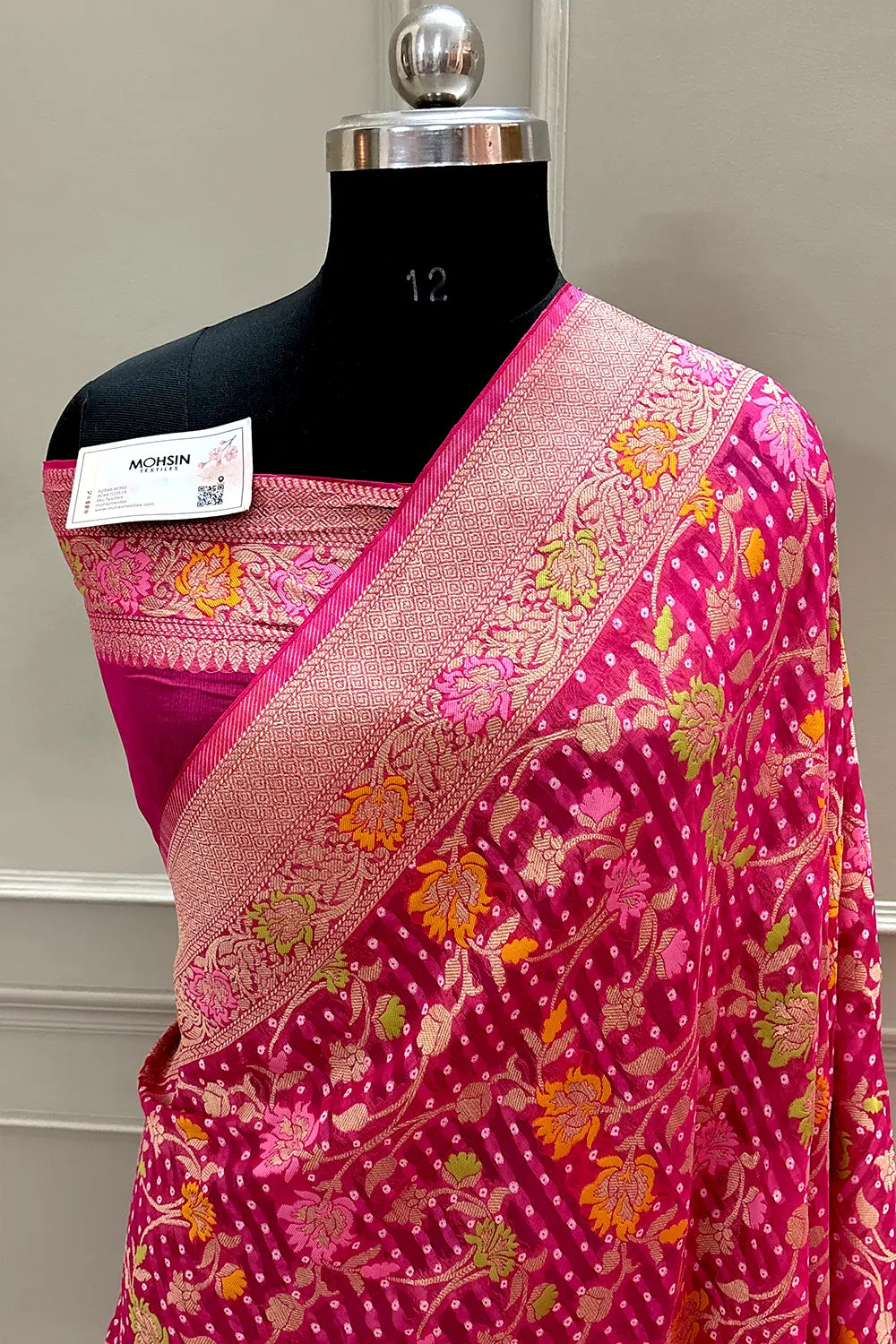 Pink Bandhej Meena Georgette Silk Banarasi Saree