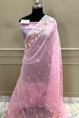 Pink Embroidery Net Banarasi Saree