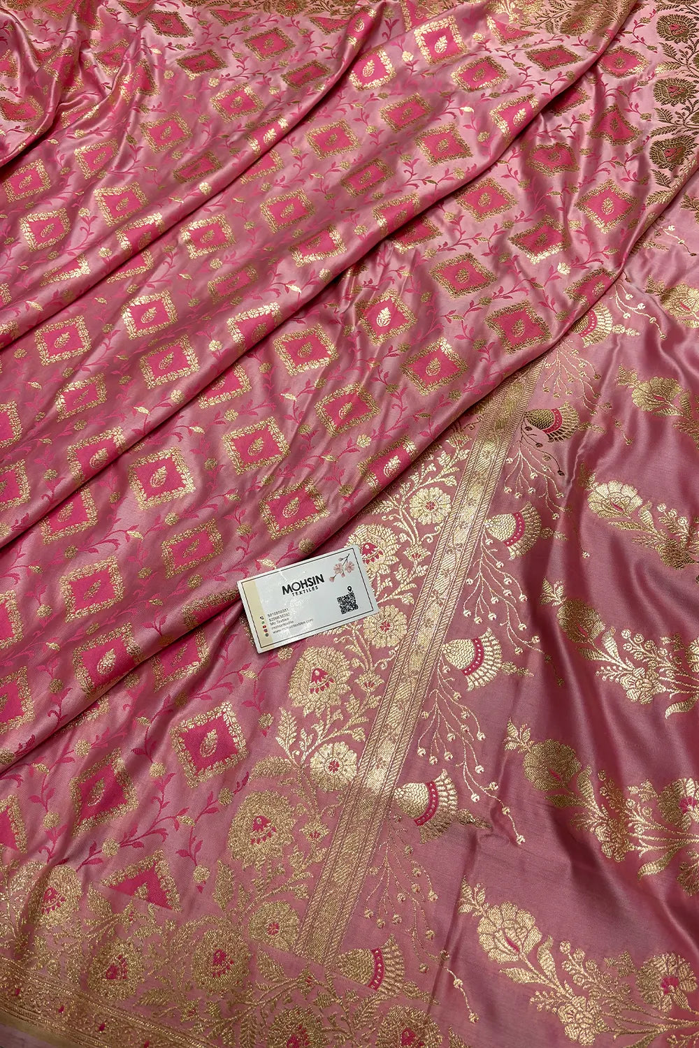 Pink Heera Jaal Katan Mashru Silk Banarasi Saree