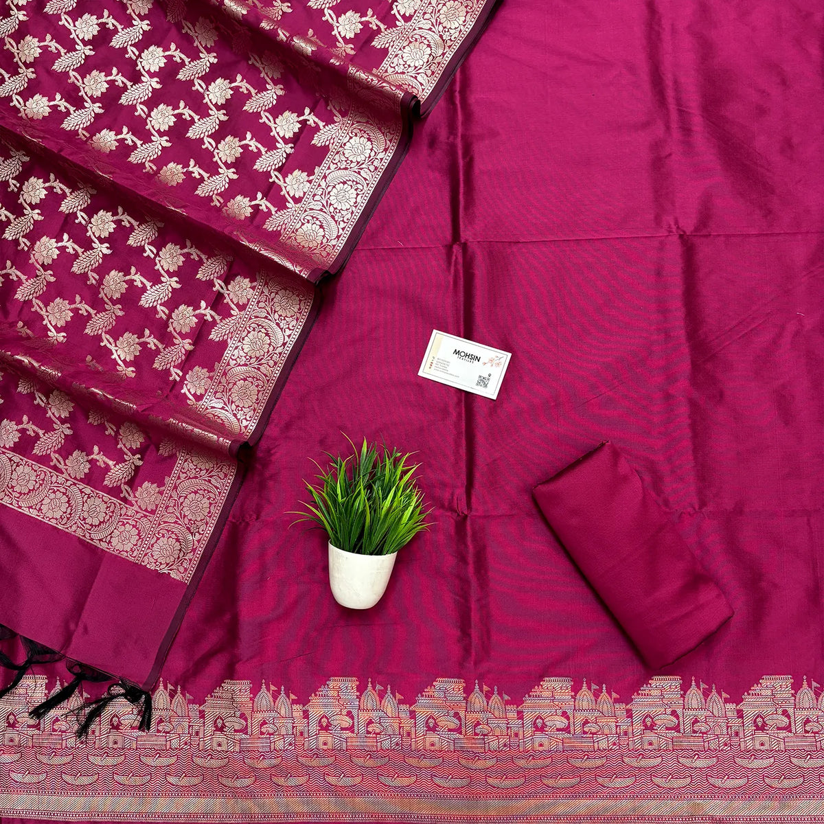 Pink Plain Ghat Semi Katan Silk Banarasi Suit