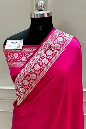 Pink Plain Zari Border Katan Silk Banarasi Saree