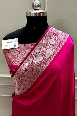 Pink Plain Zari Katan Mashru Silk Banarasi Saree