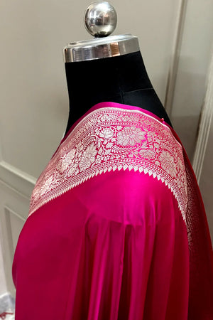 Pink Plain Zari Katan Mashru Silk Banarasi Saree
