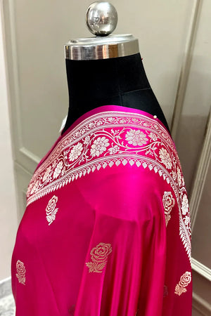 Pink Rose Buti Katan Silk Banarasi Saree