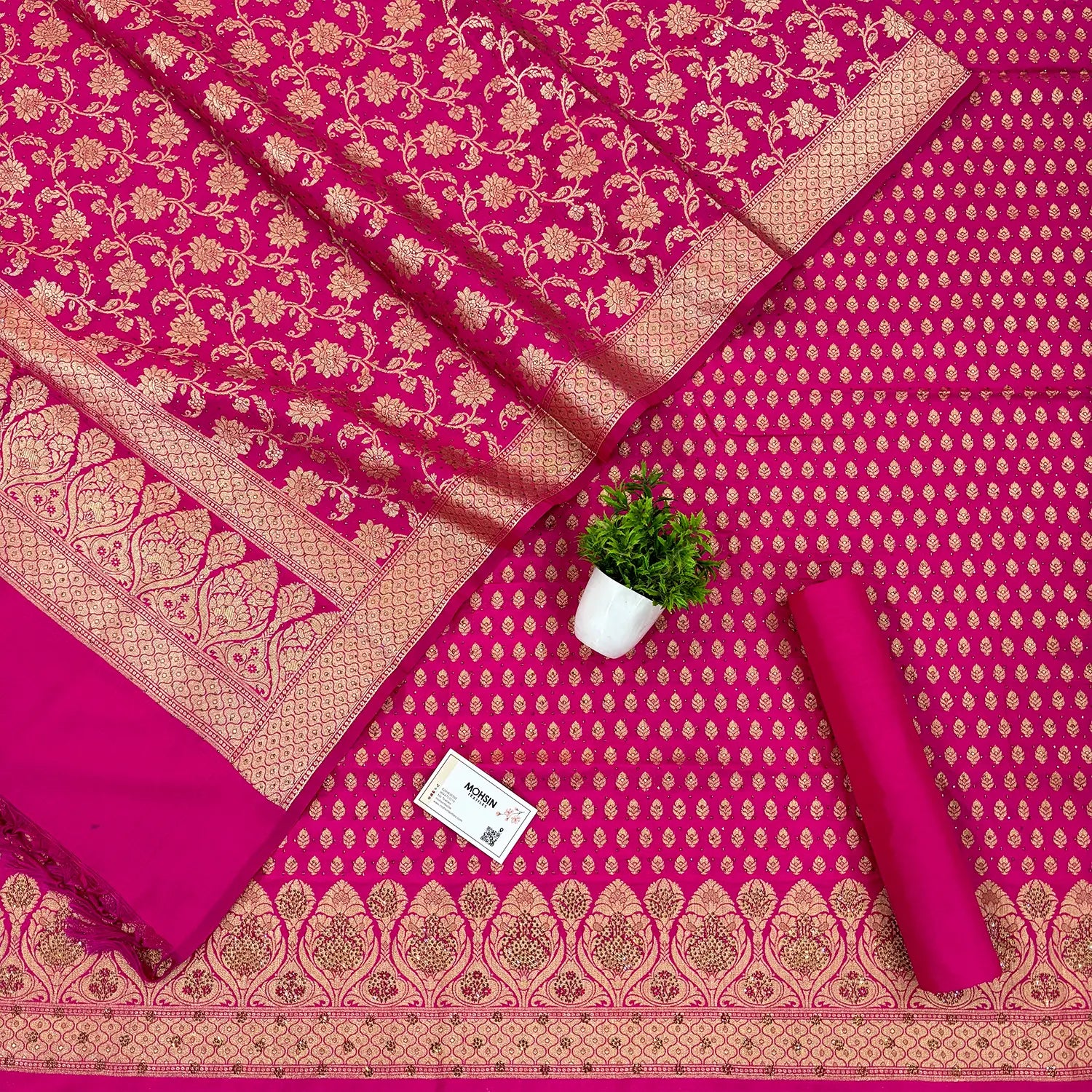 Pink Swarovski Kalli Buti Katan Silk Banarasi Suit