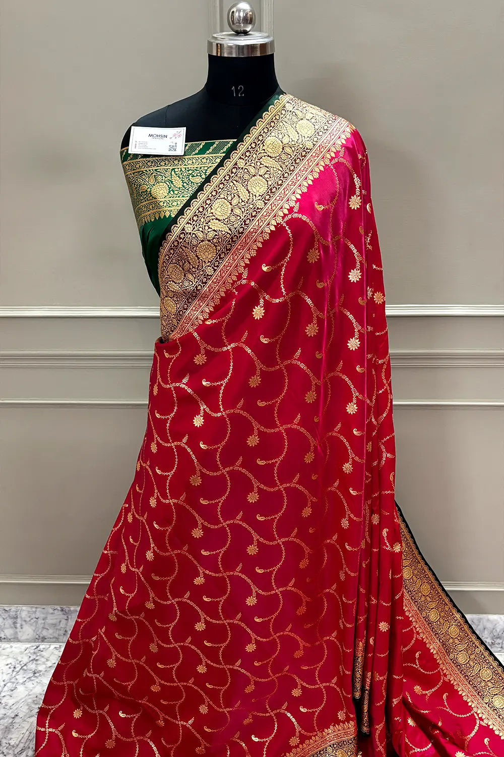 Pinkish Red and Bottle Green Zari Katan Silk Banarasi Saree