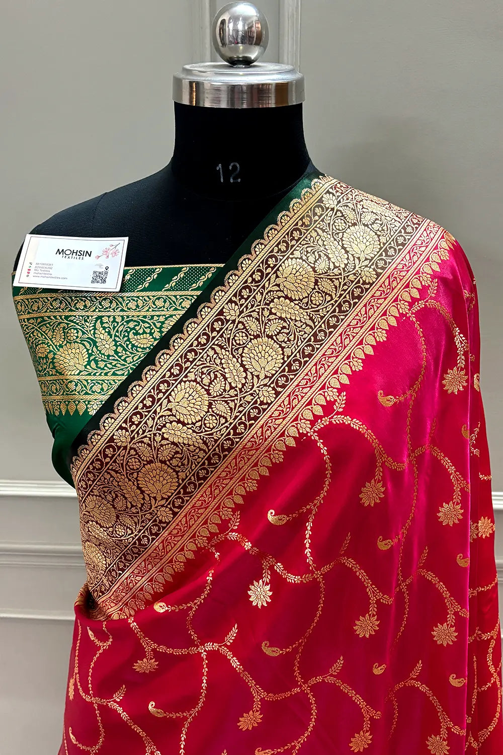 Pinkish Red and Bottle Green Zari Katan Silk Banarasi Saree