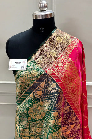 Pinkish Red and Bottle Green Zari Katan Silk Banarasi Saree