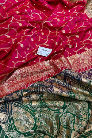Pinkish Red and Bottle Green Zari Katan Silk Banarasi Saree