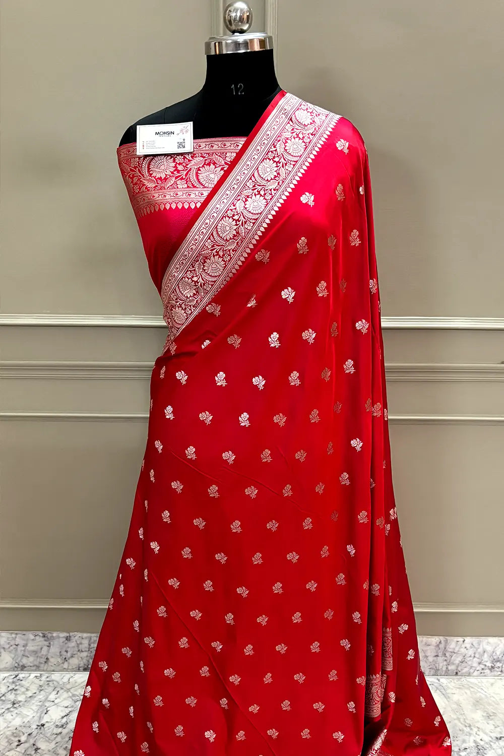 Pinkish Red Chaman Buti Katan Silk Banarasi Saree