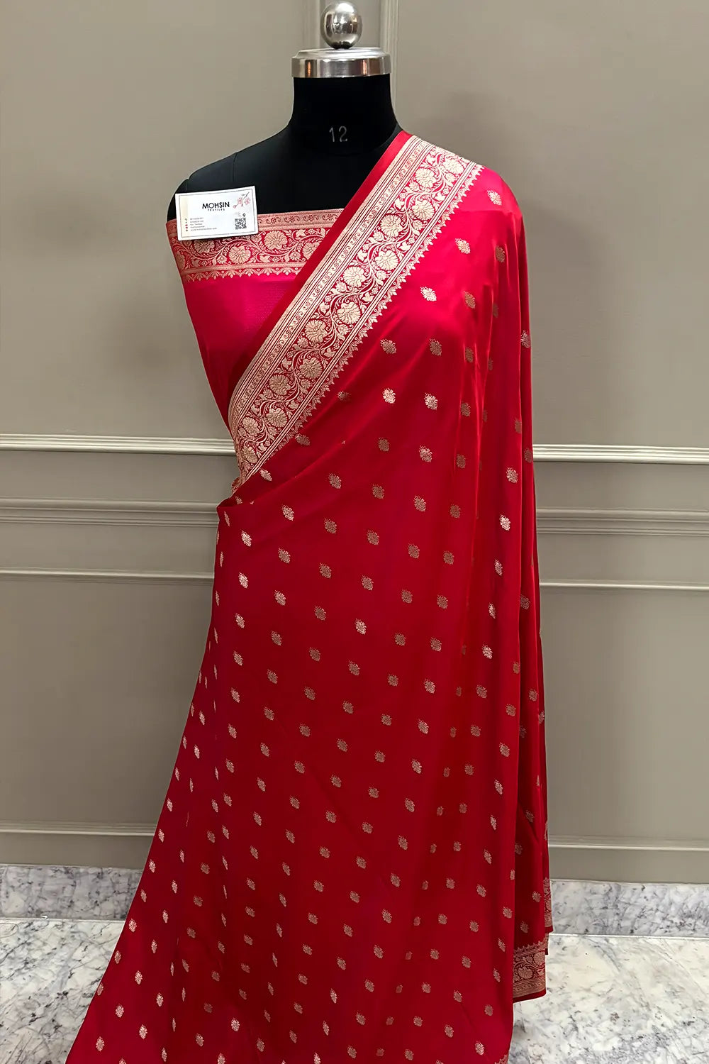 Pinkish Red Flying Buti Katan Mashru Silk Banarasi Saree