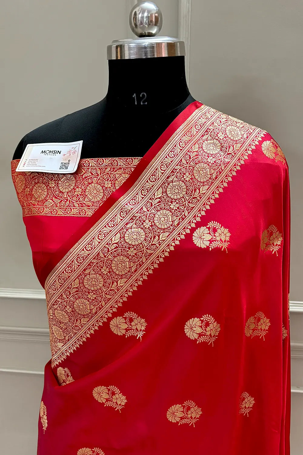 Pinkish Red Golden Flower Katan Silk Banarasi Saree