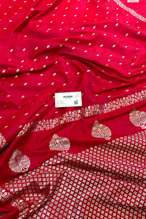 Pinkish Red Hukum Buti Katan Silk Banarasi Saree