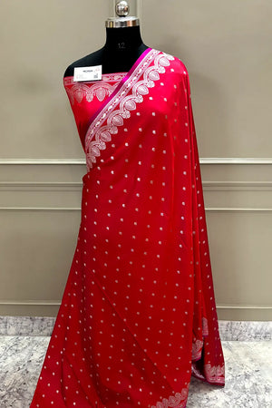 Pinkish Red Jadi Buti Katan Silk Banarasi Saree
