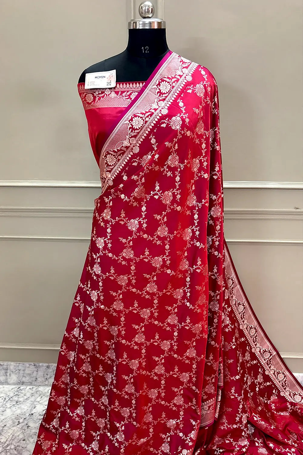 Pinkish Red Jhanjaal Katan Silk Banarasi Saree