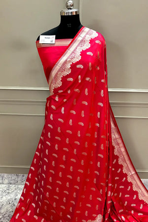 Pinkish Red Kanak Buti Katan Silk Banarasi Saree