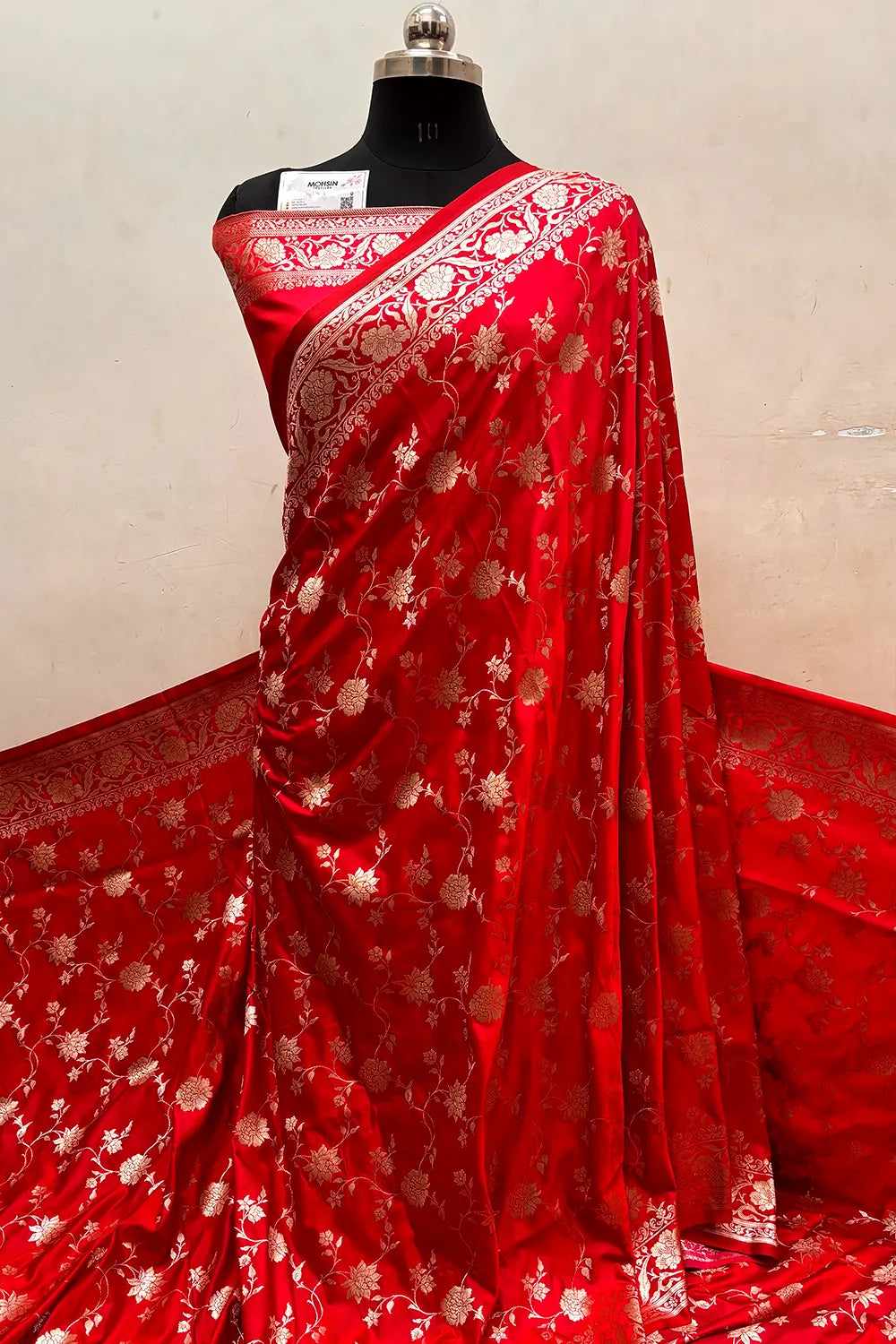 Pinkish Red Kesari Jaal Katan Silk Banarasi Saree
