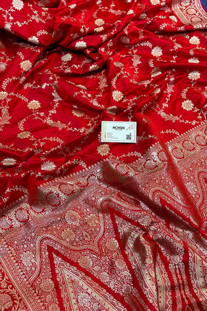 Pinkish Red Makra Jaal Katan Silk Banarasi Saree