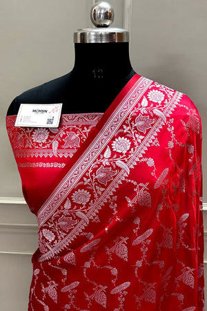 Pinkish Red Masakali Katan Mashru Silk Banarasi Saree