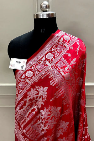 Pinkish Red Masakali Katan Mashru Silk Banarasi Saree