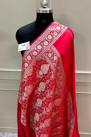 Pinkish Red Plain Zari Border Katan Silk Banarasi Saree