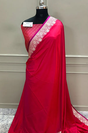 Pinkish Red Plain Zari Border Katan Silk Banarasi Saree