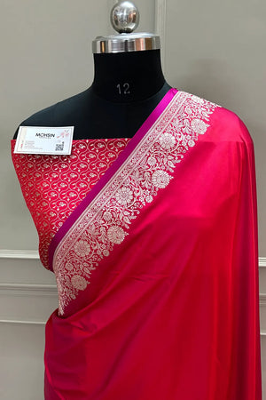 Pinkish Red Plain Zari Border Katan Silk Banarasi Saree