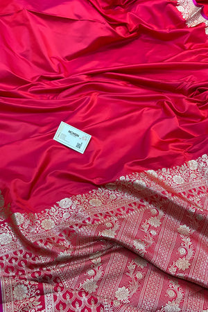 Pinkish Red Plain Zari Border Katan Silk Banarasi Saree