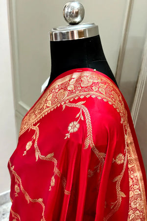 Pinkish Red Rowa Laher Katan Silk Banarasi Saree