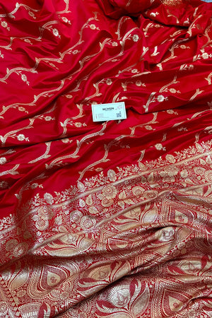 Pinkish Red Rowa Laher Katan Silk Banarasi Saree