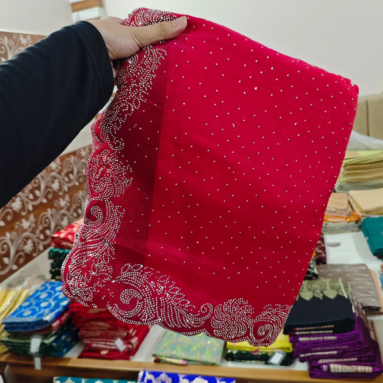 Pinkish Red Swarovski Stone Jimmy Choo Saree