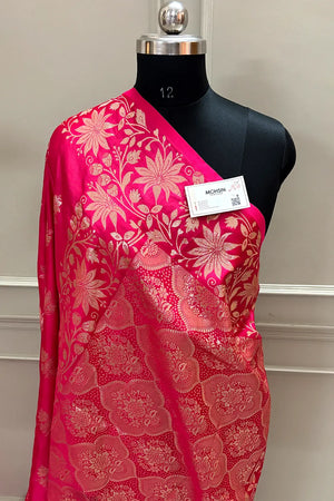 Pinkish Red Zari Banarasi Silk Saree