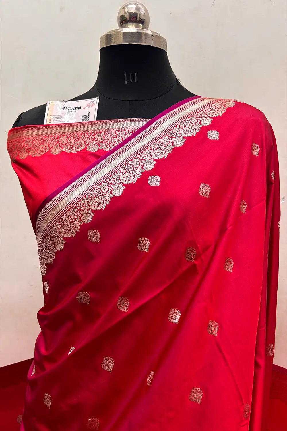 Pinkish Red Zari Katan Mashru Silk Banarasi Saree