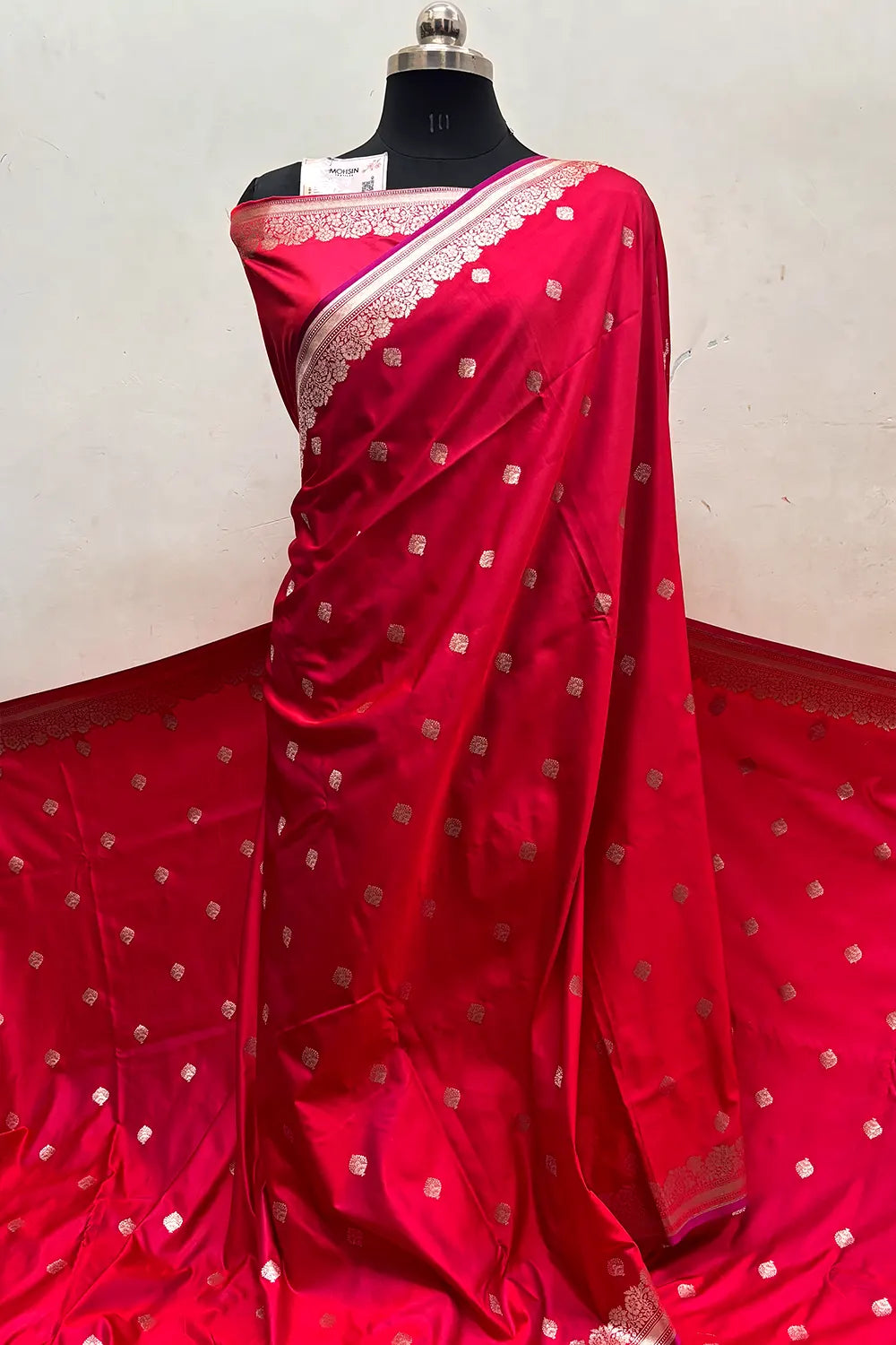 Pinkish Red Zari Katan Mashru Silk Banarasi Saree