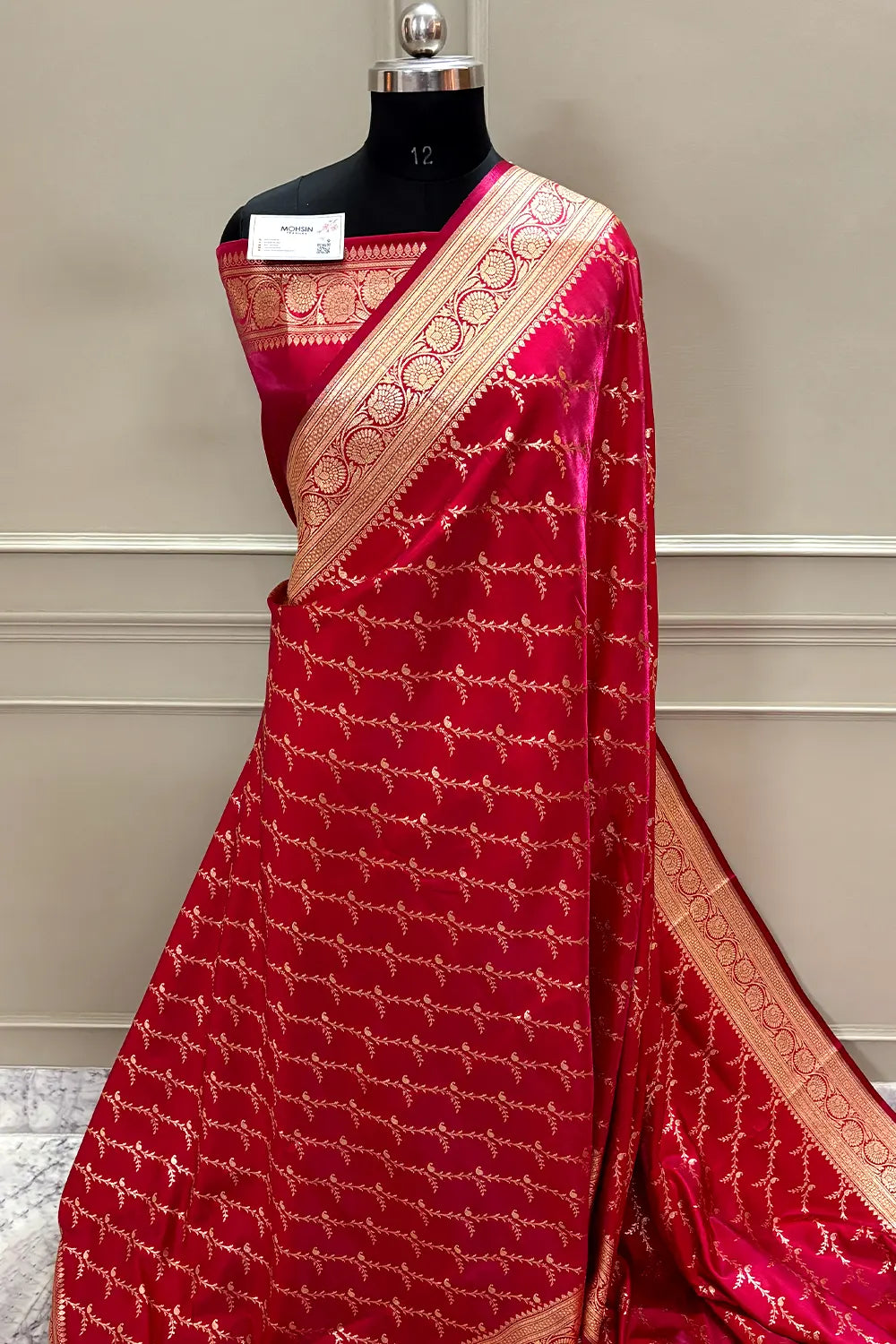 Pinkish Red Zari Katan Silk Banarasi Saree